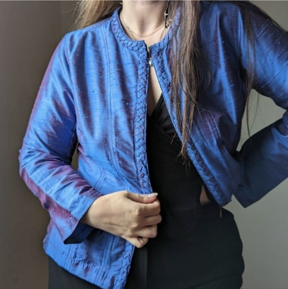 Chico's Royal Blue Iridescent 100% Silk Open Blazer Jkt w/ Braided edges sz1 M - Picture 9 of 10